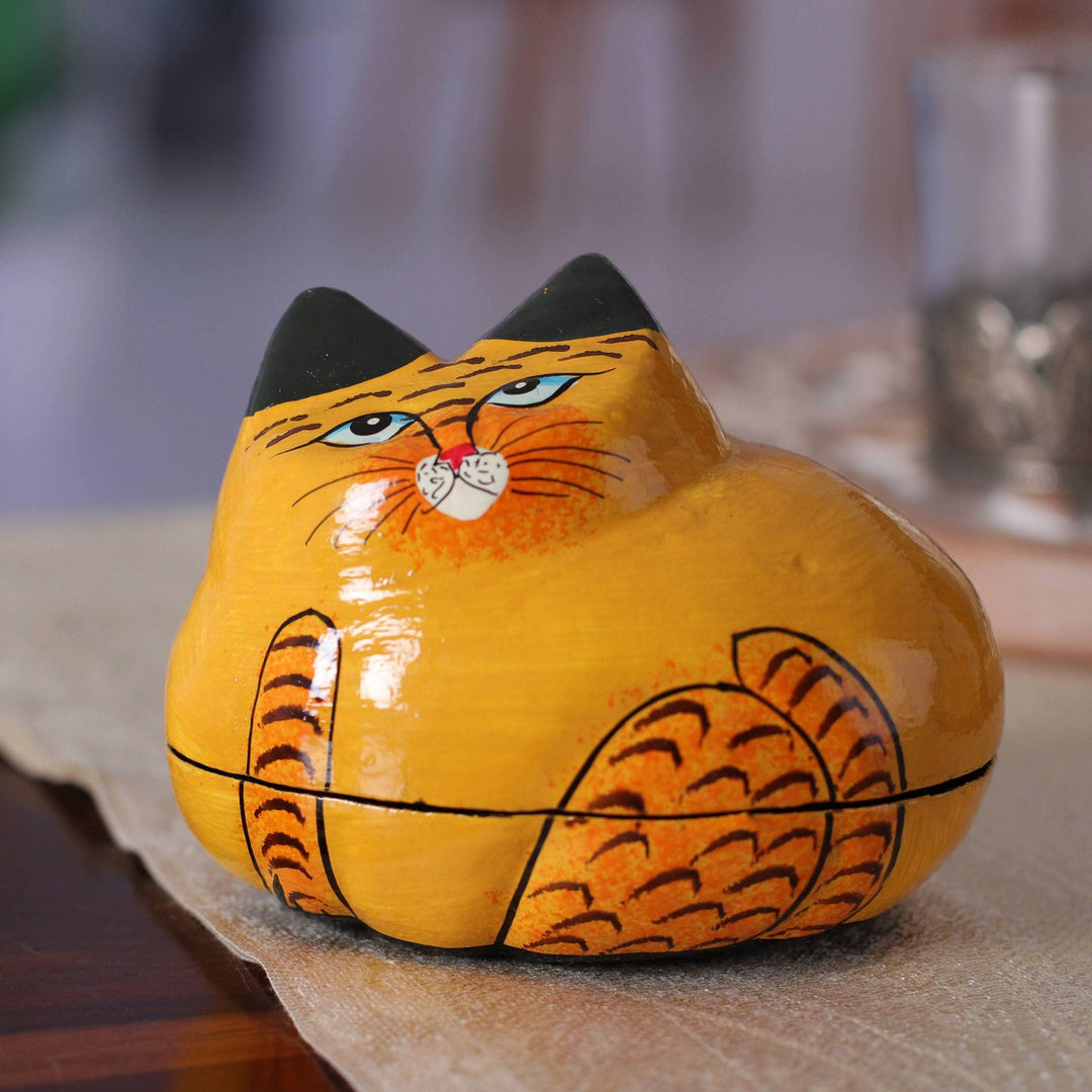 4 Lacquered Hand-Painted Papier Mache Cat Decorative Boxes - Cozy Cats