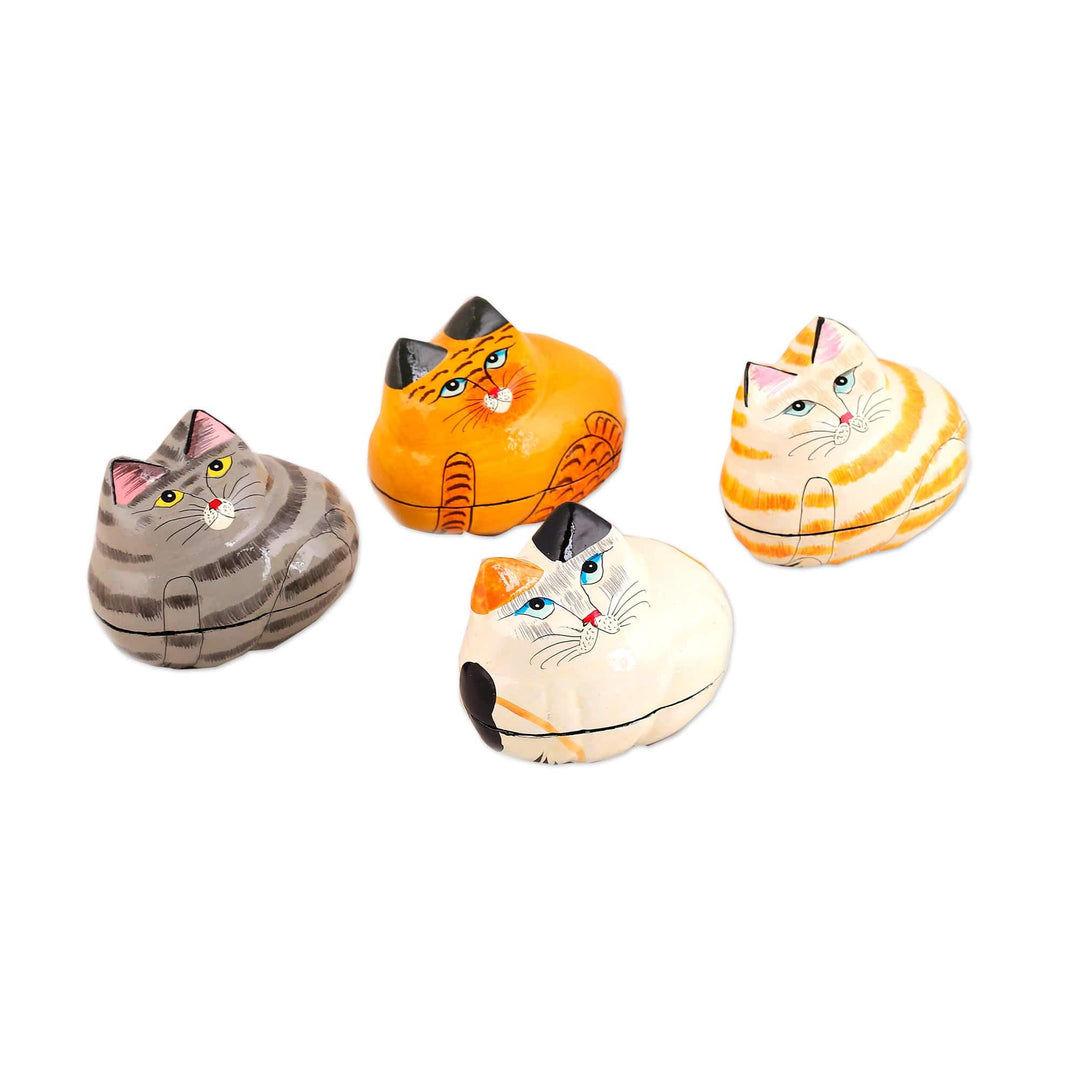 4 Lacquered Hand-Painted Papier Mache Cat Decorative Boxes - Cozy Cats