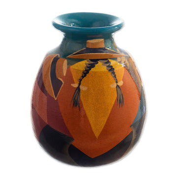 Ceramic Decorative Vase with Hand-Painted Andean Motifs - Andean Braids in Blue