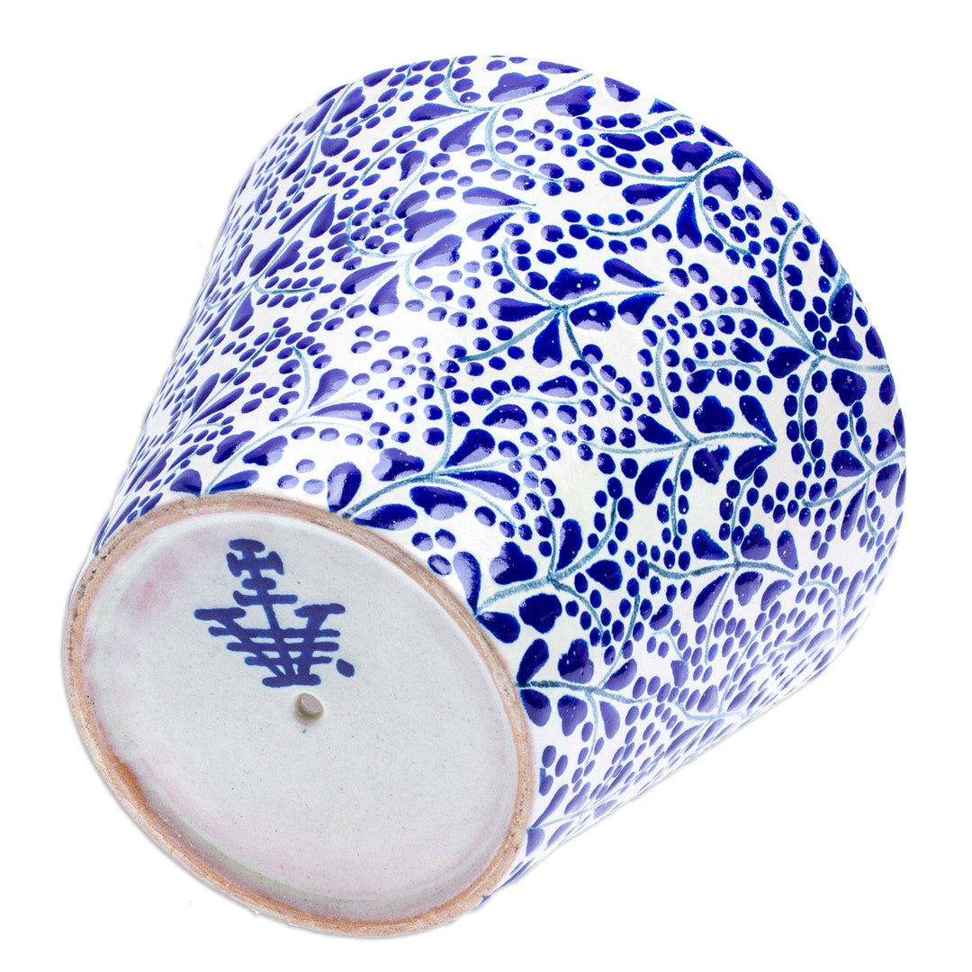 Hand-Painted Talavera-Style Ceramic Planter with Leaf Motifs - Talavera Leaves