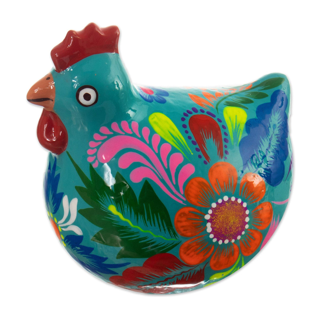 Hand-Painted Classic Floral Ceramic Hen Figurine in Teal - Spiritual Hen