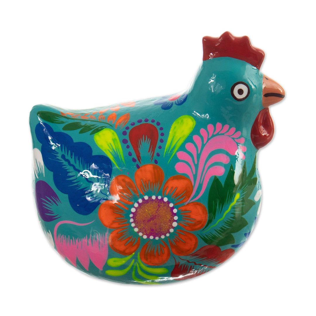 Hand-Painted Classic Floral Ceramic Hen Figurine in Teal - Spiritual Hen