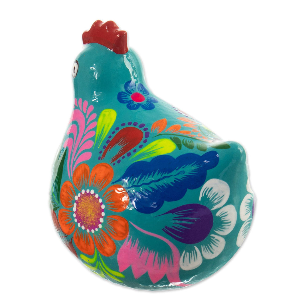 Hand-Painted Classic Floral Ceramic Hen Figurine in Teal - Spiritual Hen