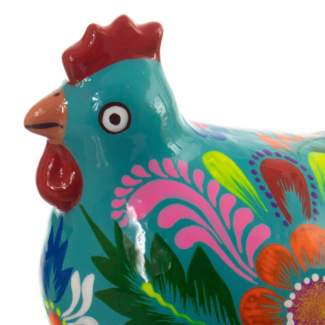 Hand-Painted Classic Floral Ceramic Hen Figurine in Teal - Spiritual Hen