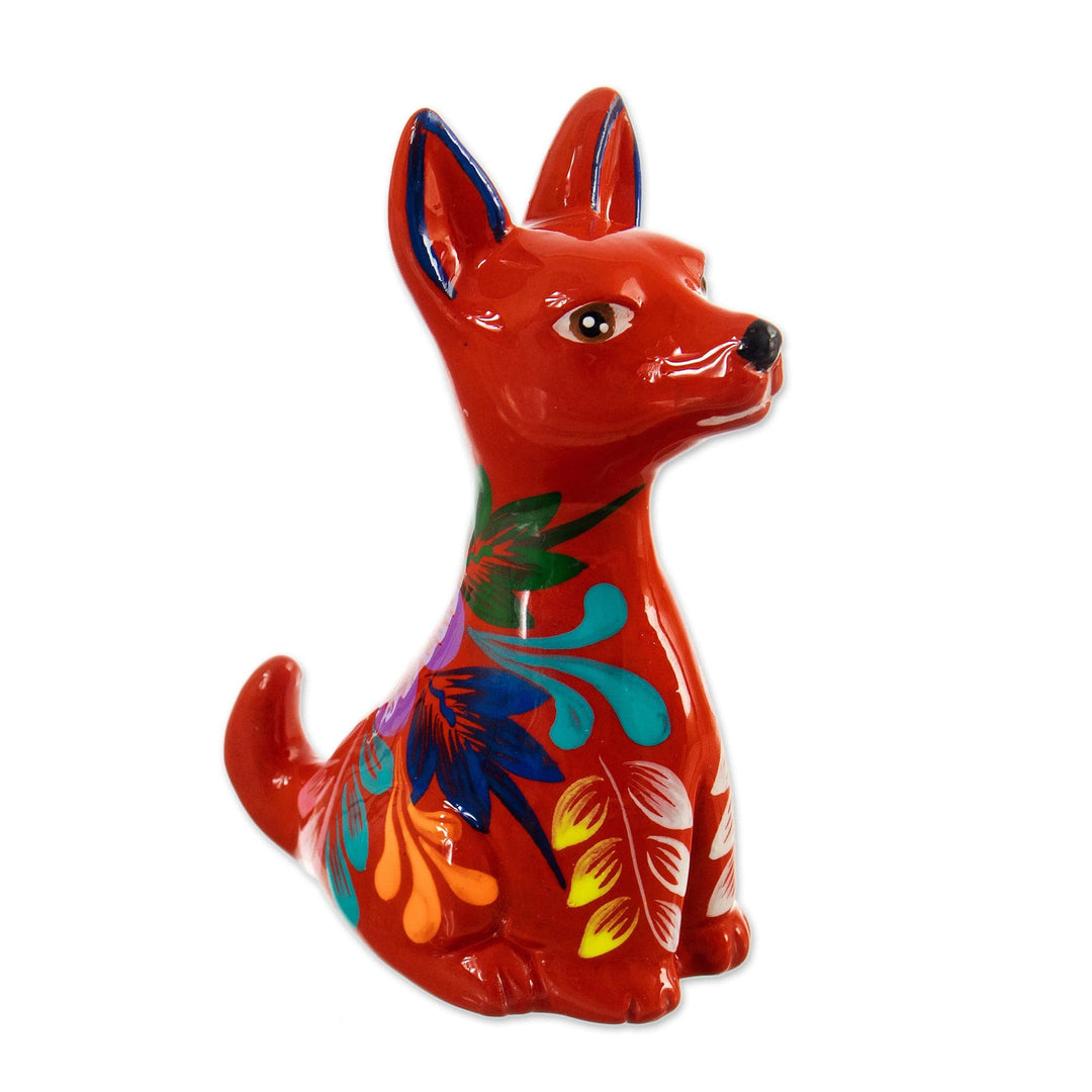 Hand-Painted Floral Ceramic Peruvian Dog Figurine in Red - Peruvian Companion in Red