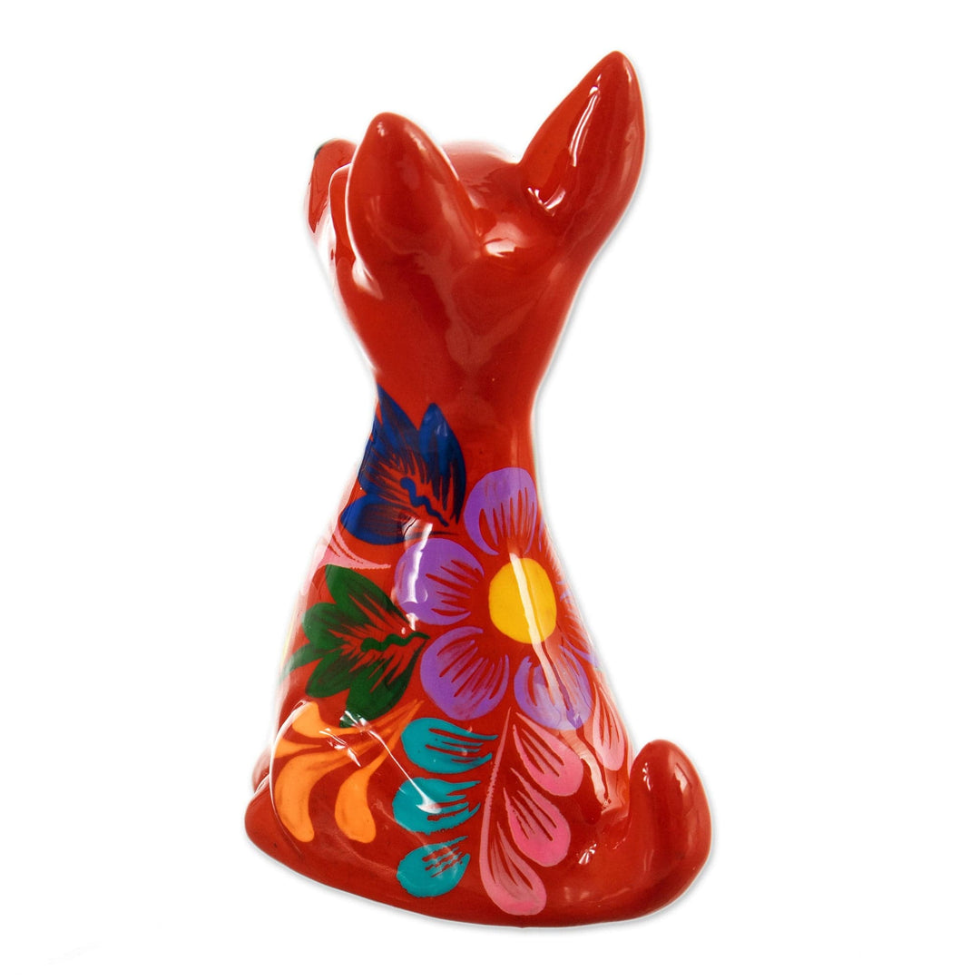 Hand-Painted Floral Ceramic Peruvian Dog Figurine in Red - Peruvian Companion in Red