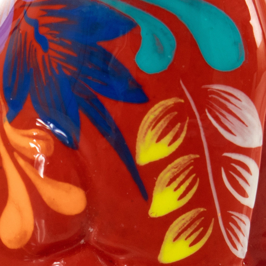 Hand-Painted Floral Ceramic Peruvian Dog Figurine in Red - Peruvian Companion in Red