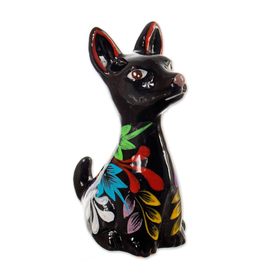 Hand-Painted Floral Ceramic Peruvian Dog Figurine in Black - Peruvian Companion in Black