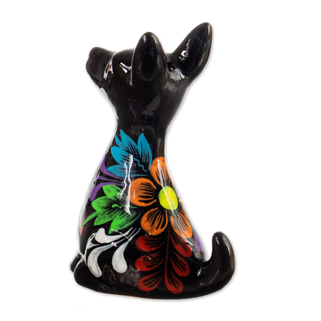 Hand-Painted Floral Ceramic Peruvian Dog Figurine in Black - Peruvian Companion in Black