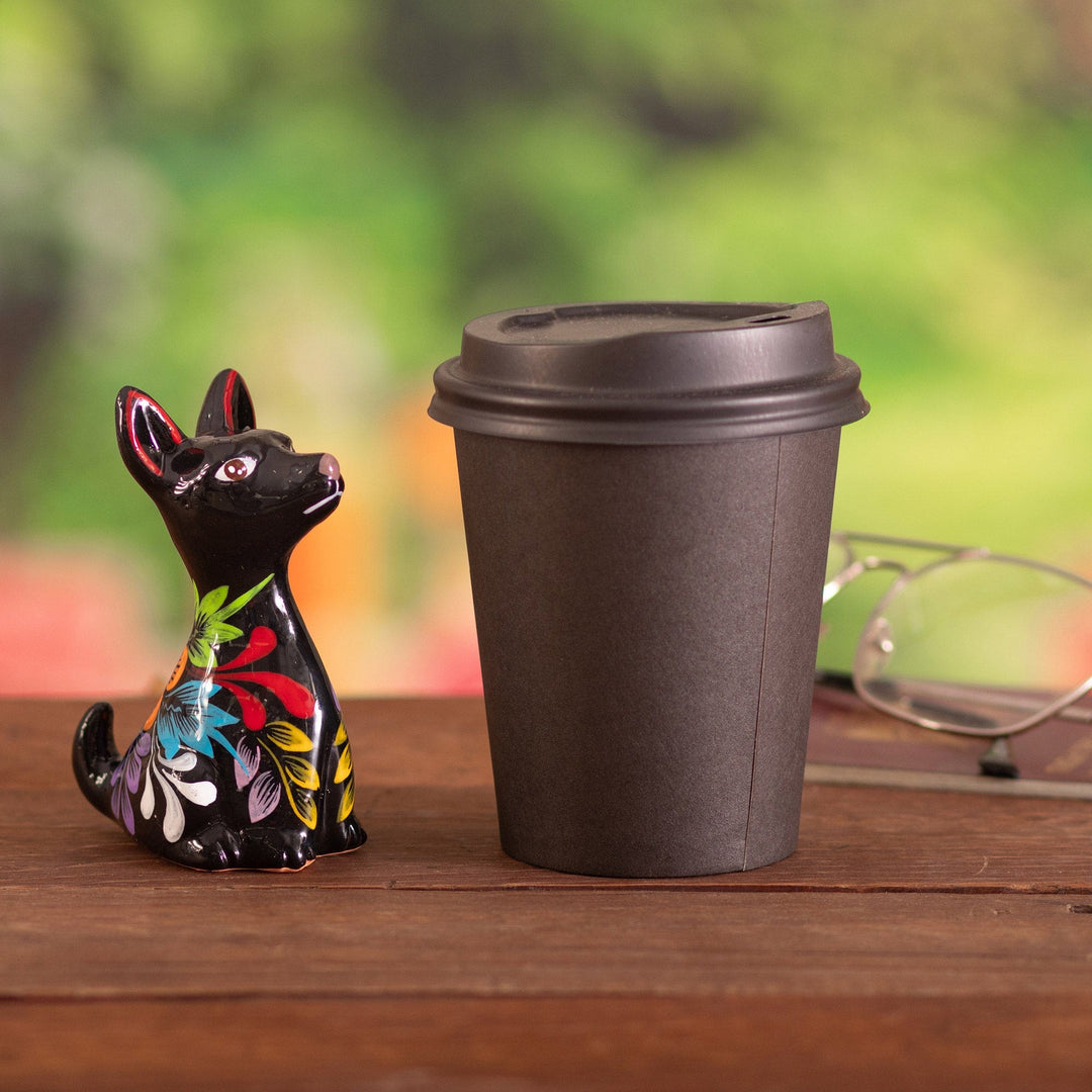 Hand-Painted Floral Ceramic Peruvian Dog Figurine in Black - Peruvian Companion in Black