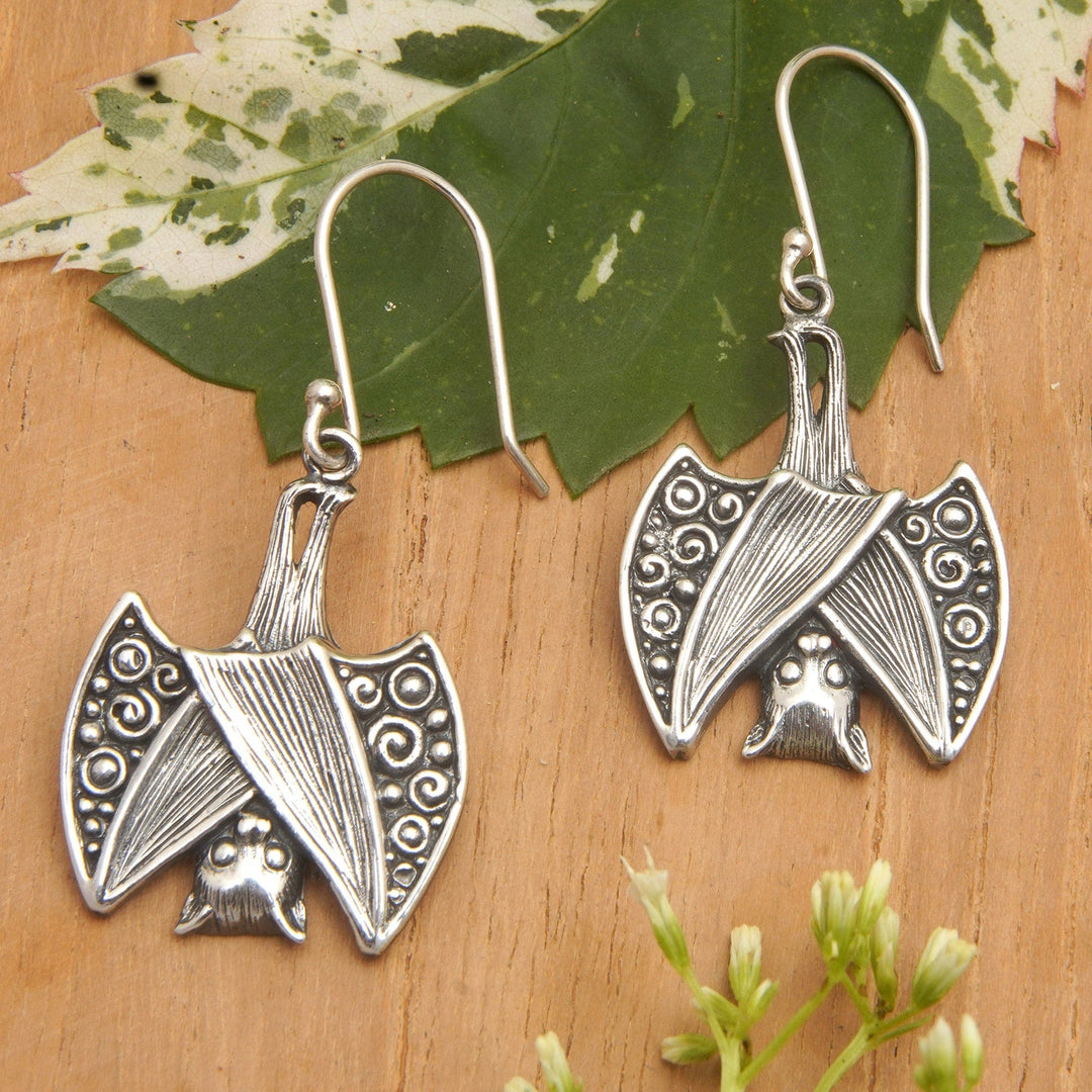 Bat-Themed Sterling Silver Dangle Earrings with Swirl Motifs - Night Souls