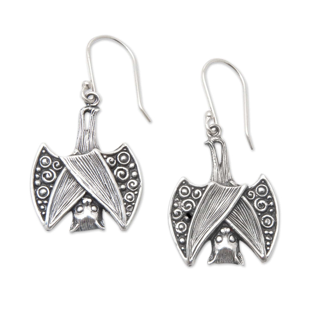 Bat-Themed Sterling Silver Dangle Earrings with Swirl Motifs - Night Souls