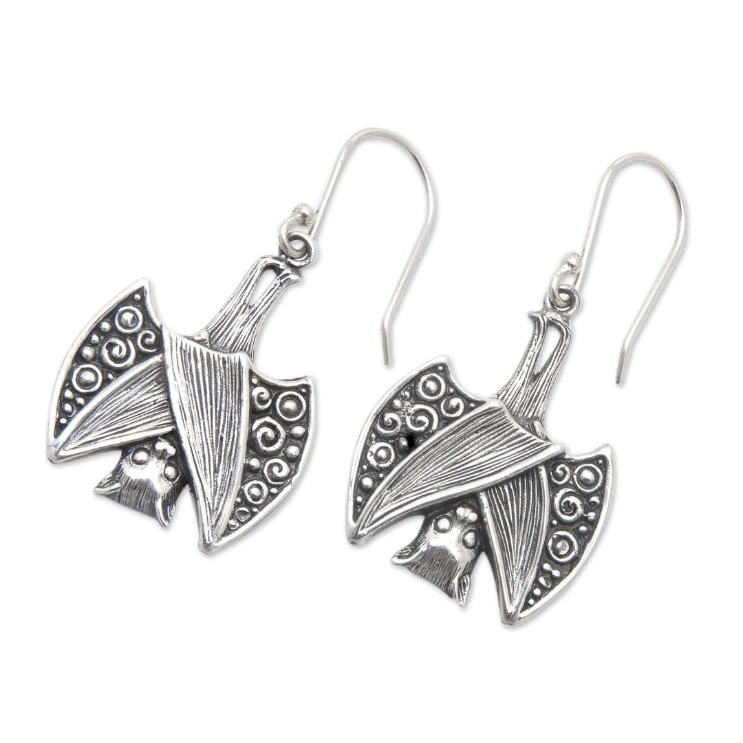 Bat-Themed Sterling Silver Dangle Earrings with Swirl Motifs - Night Souls