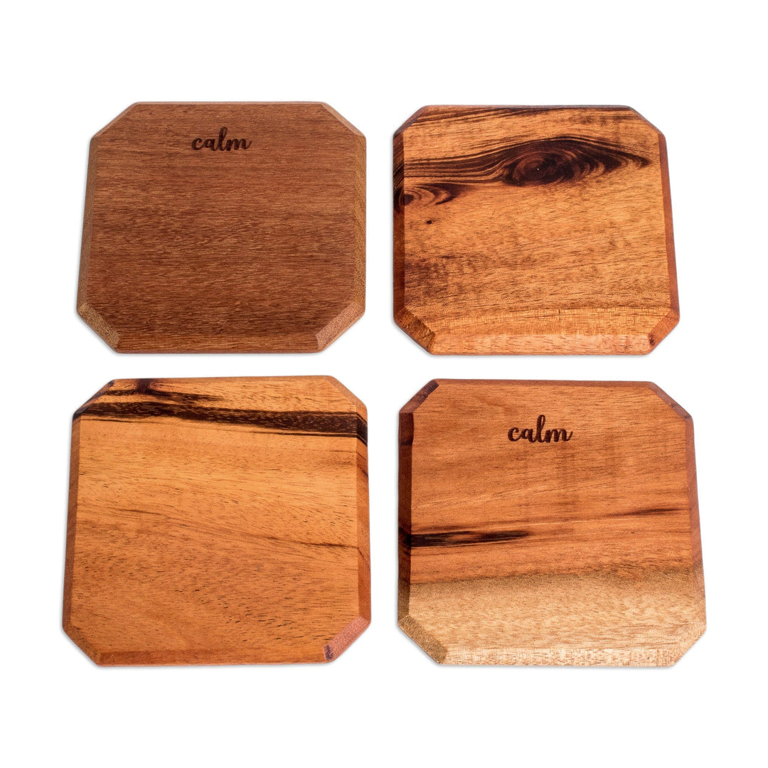 Set of 4 Hand-Carved Geometric Jobillo Wood Coasters - Calm Stage