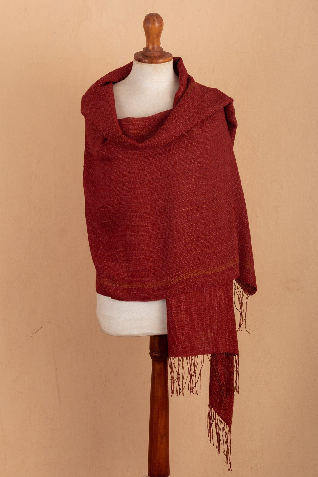 Knit Baby Alpaca Blend Fringed Shawl in Red & Yellow - Crimson Beauty