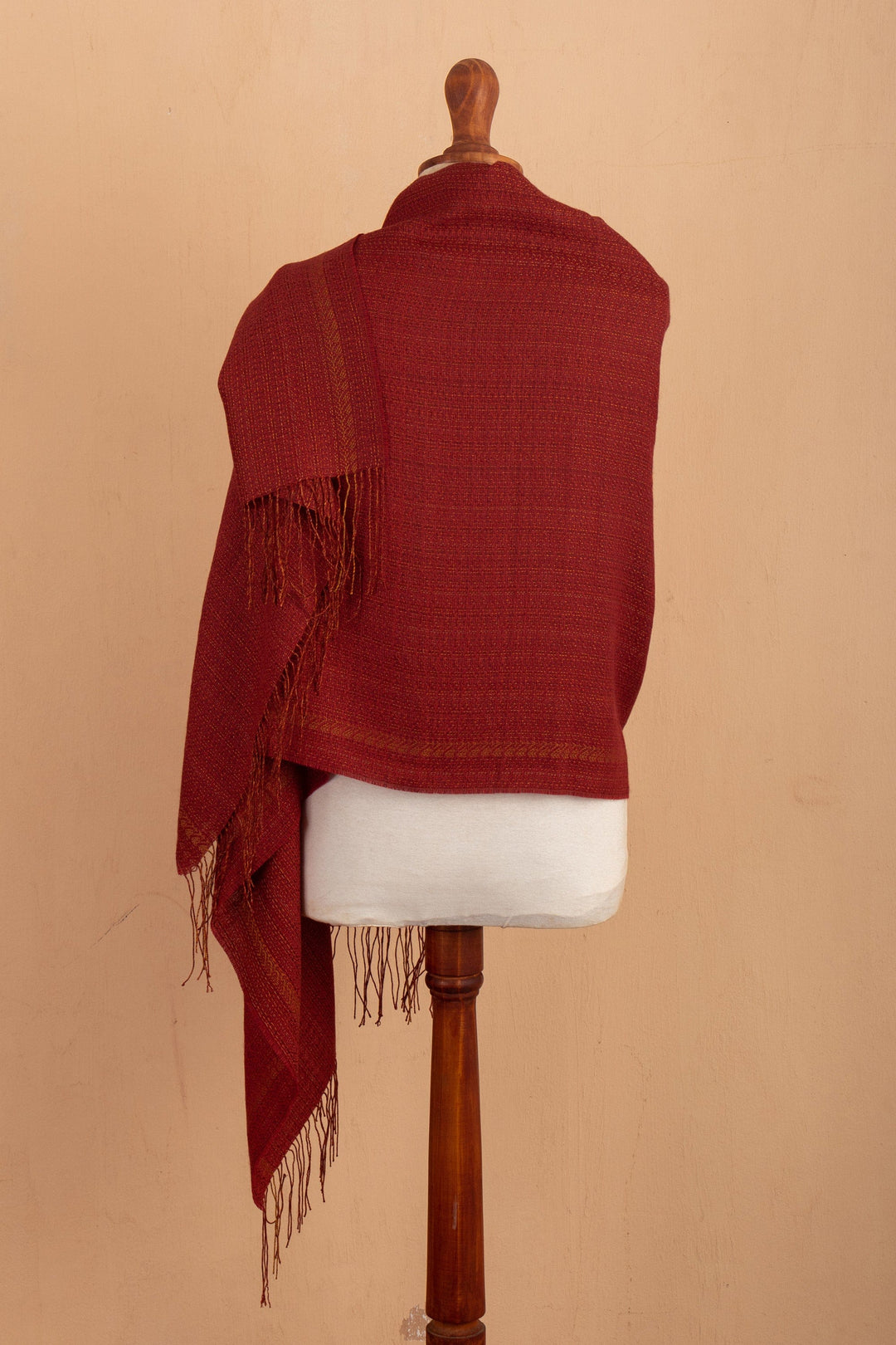 Knit Baby Alpaca Blend Fringed Shawl in Red & Yellow - Crimson Beauty