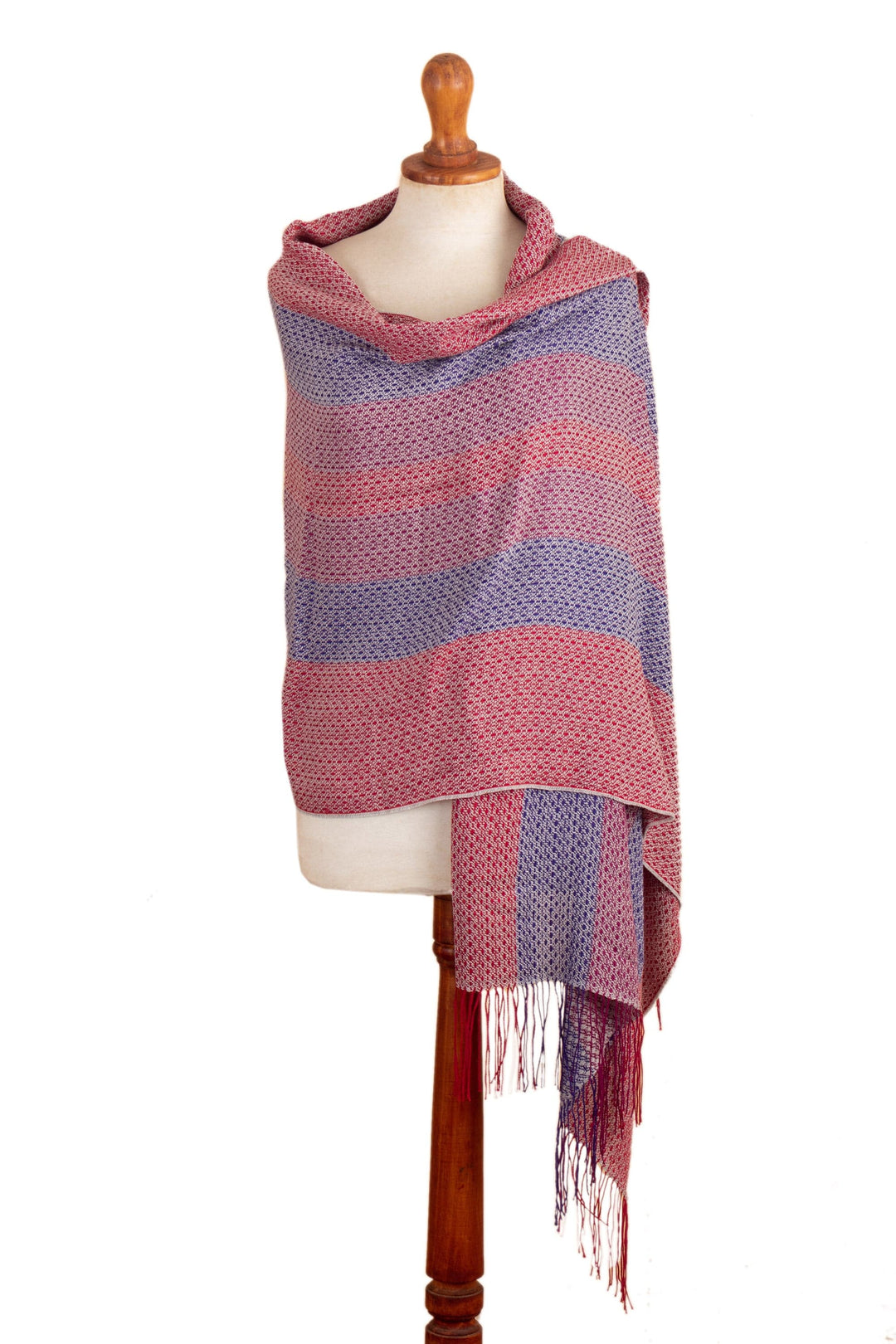 Knit Baby Alpaca Blend Striped Shawl in Red Wine and Blue - Striped Joy