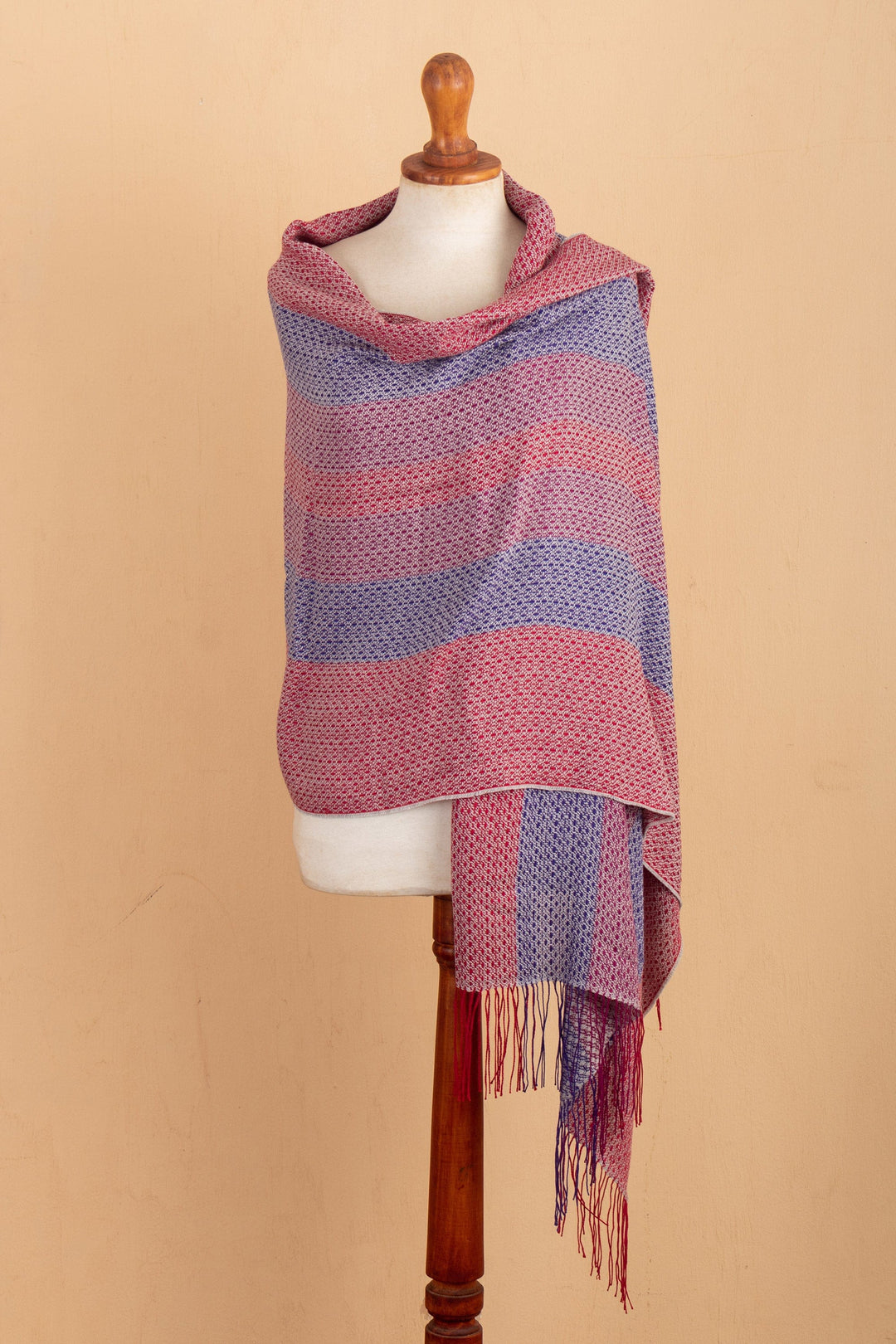 Knit Baby Alpaca Blend Striped Shawl in Red Wine and Blue - Striped Joy