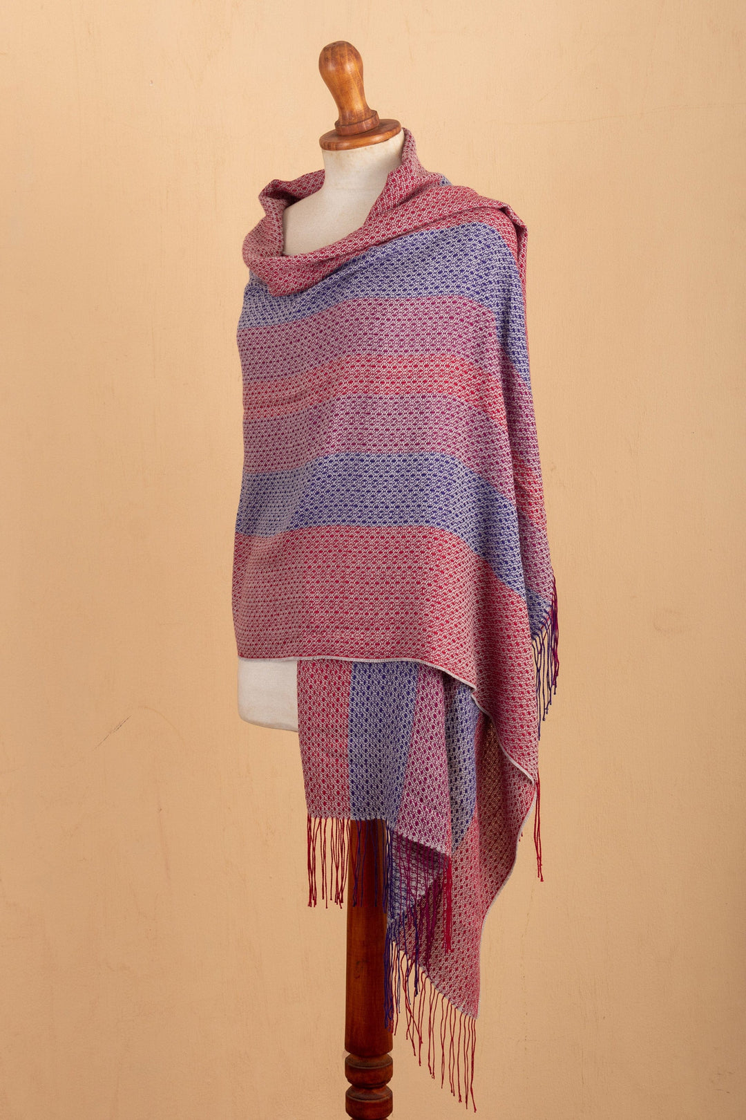 Knit Baby Alpaca Blend Striped Shawl in Red Wine and Blue - Striped Joy