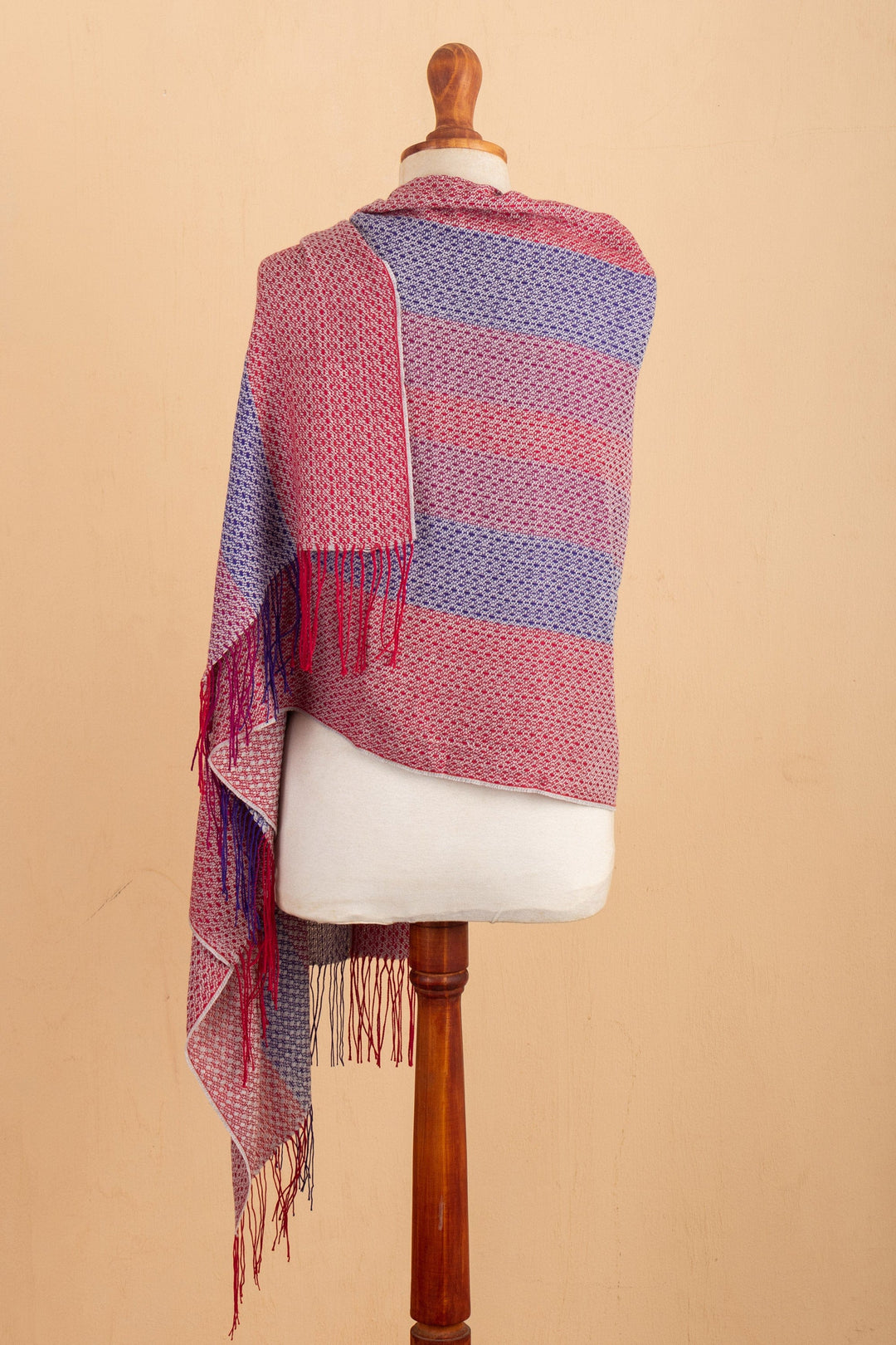 Knit Baby Alpaca Blend Striped Shawl in Red Wine and Blue - Striped Joy