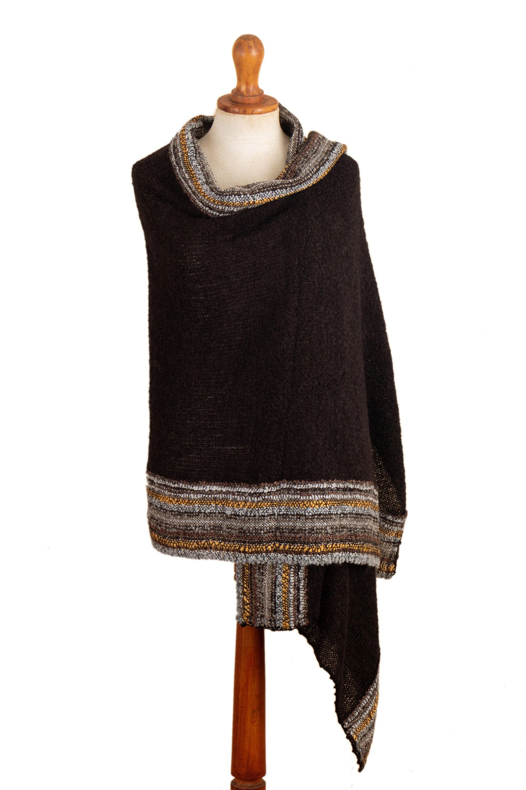 Knit Baby Alpaca Blend Shawl in Black Honey & Grey from Peru - Elegant Stripes