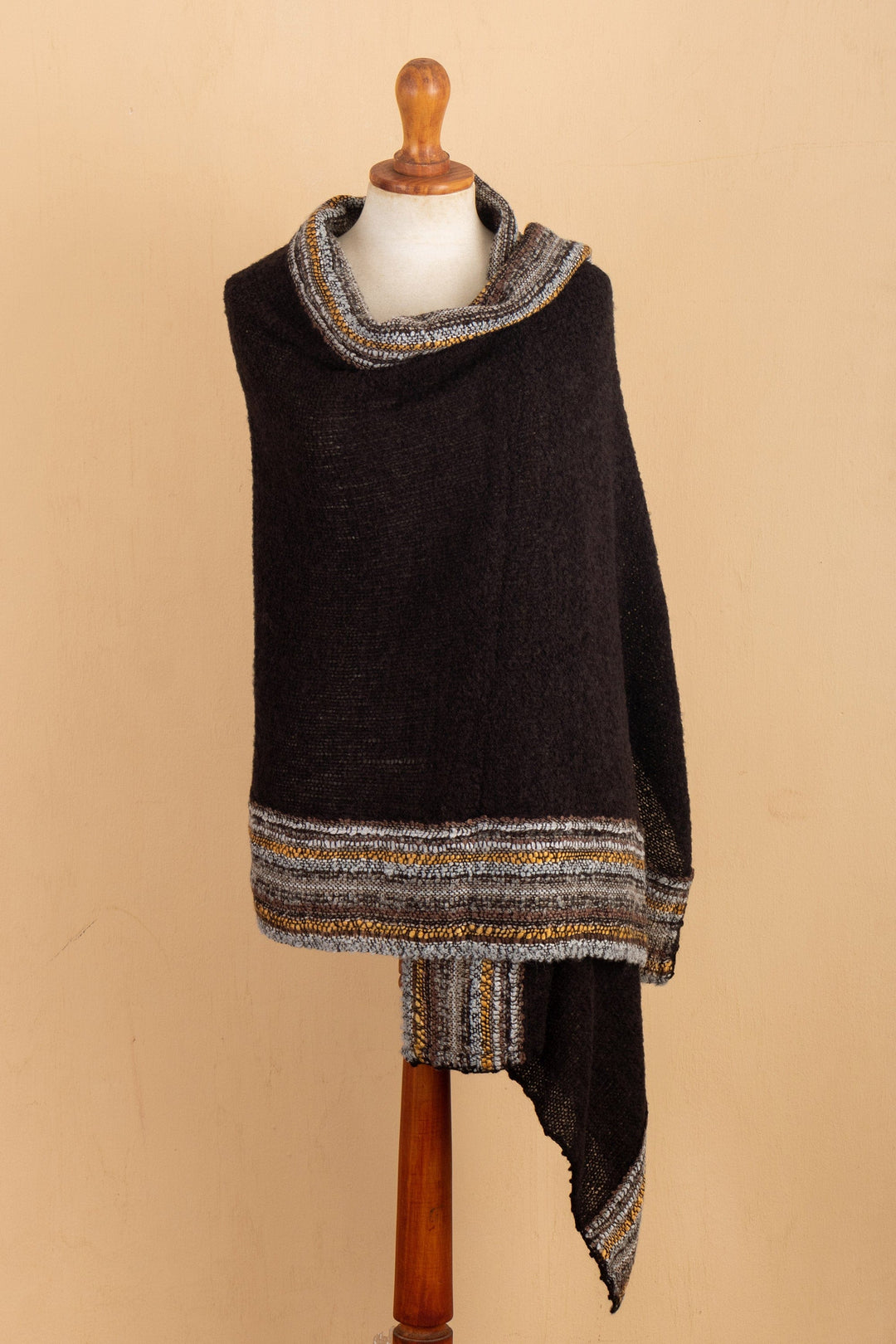 Knit Baby Alpaca Blend Shawl in Black Honey & Grey from Peru - Elegant Stripes