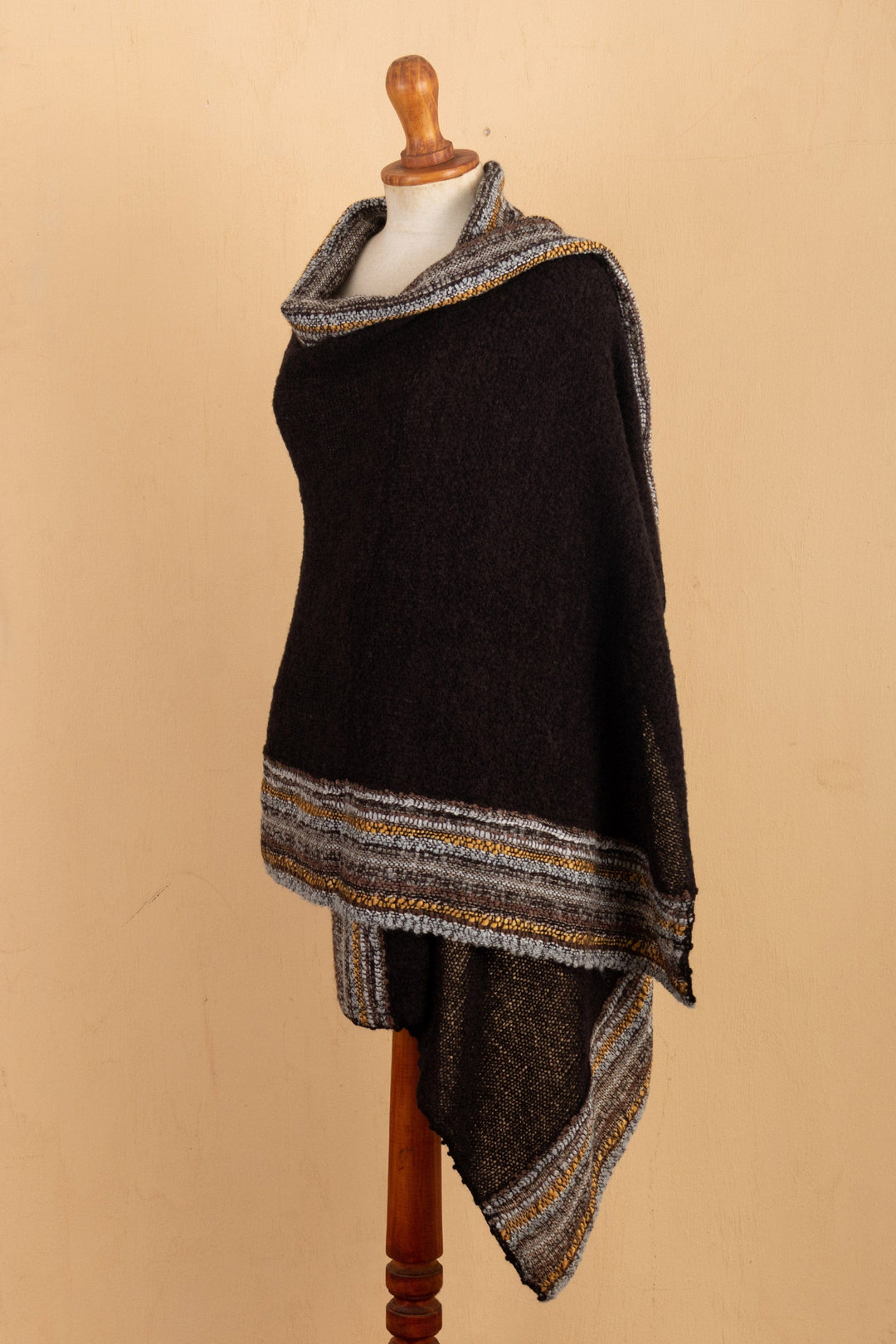 Knit Baby Alpaca Blend Shawl in Black Honey & Grey from Peru - Elegant Stripes