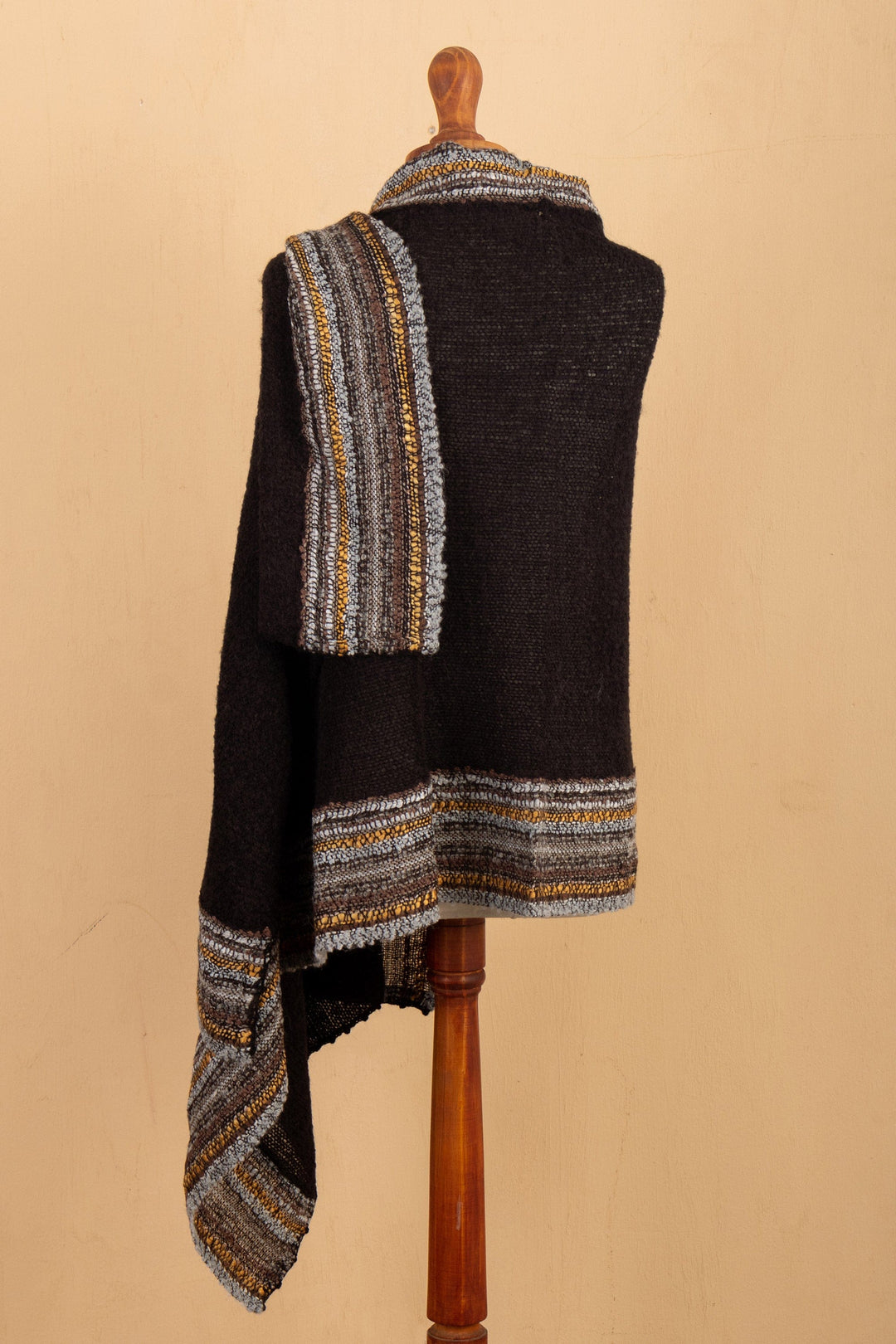 Knit Baby Alpaca Blend Shawl in Black Honey & Grey from Peru - Elegant Stripes