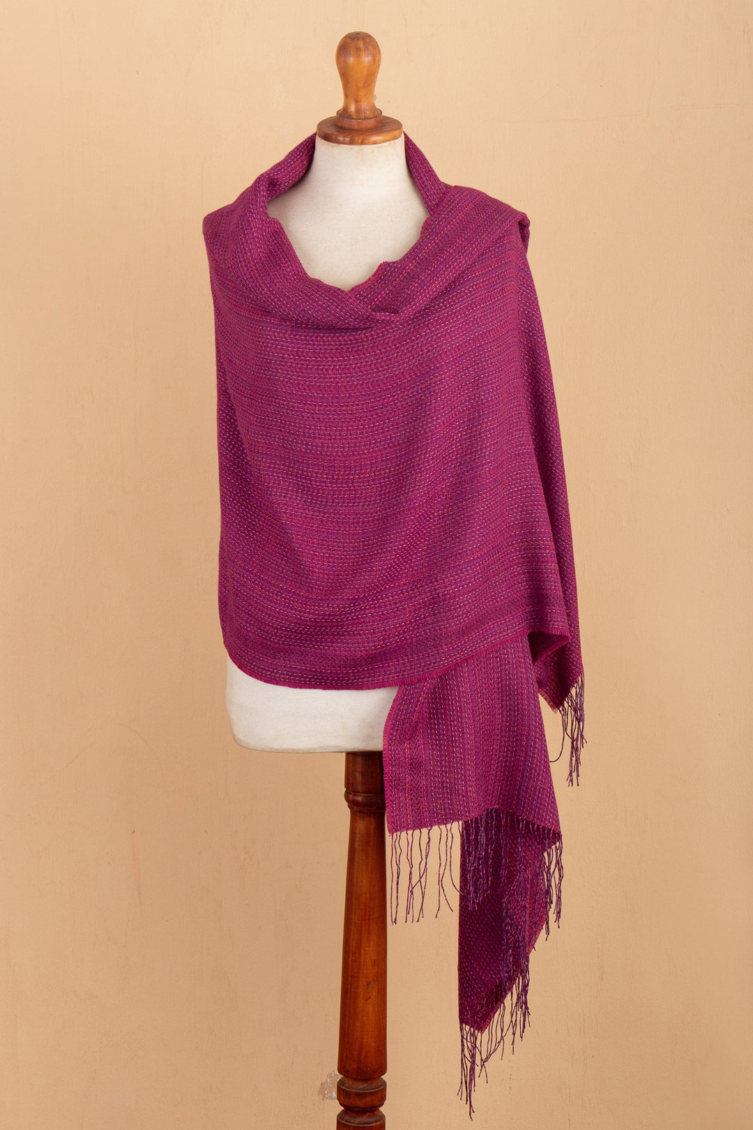 Handloomed Purple Alpaca Blend Shawl with Fringes - Amethyst Lady