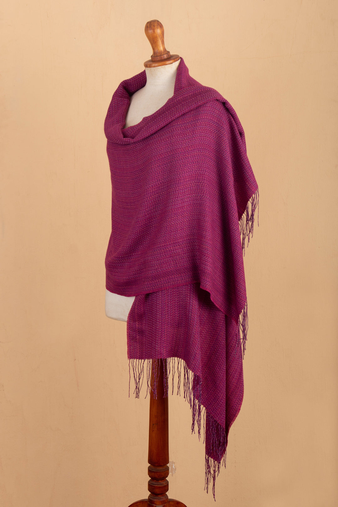 Handloomed Purple Alpaca Blend Shawl with Fringes - Amethyst Lady
