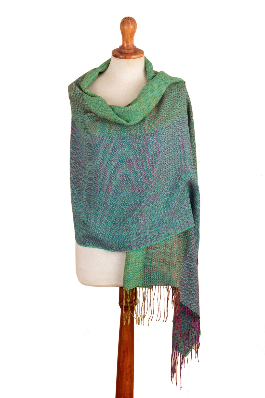 Handwoven Patterned Alpaca Blend Shawl in Berry and Jade - Berry Beauty