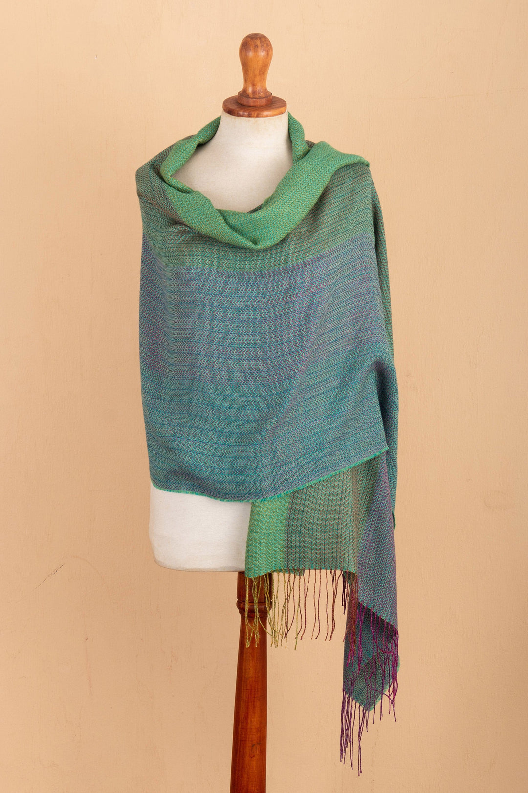 Handwoven Patterned Alpaca Blend Shawl in Berry and Jade - Berry Beauty