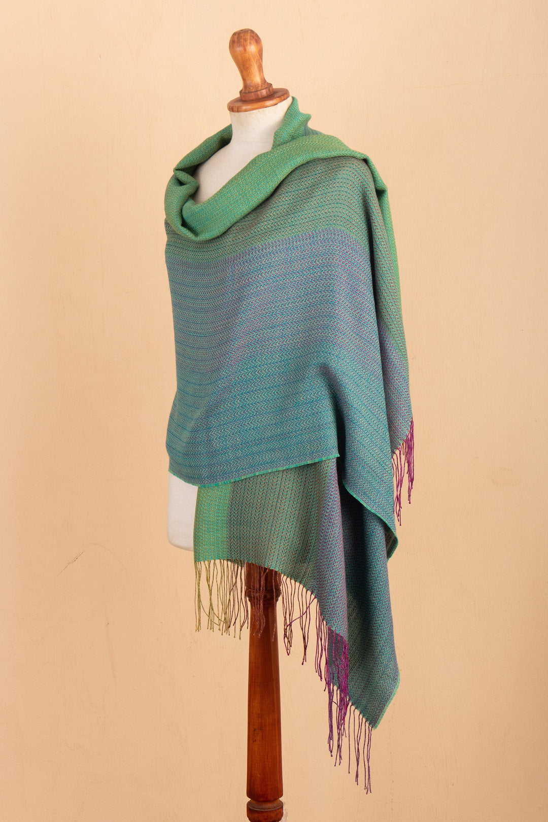 Handwoven Patterned Alpaca Blend Shawl in Berry and Jade - Berry Beauty