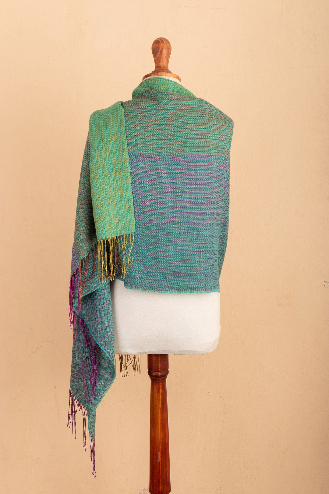 Handwoven Patterned Alpaca Blend Shawl in Berry and Jade - Berry Beauty