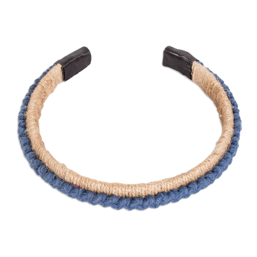 Handmade Jute Headband with Cotton Macrame Accent in Blue - Clear Sky