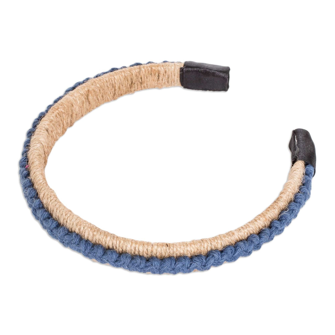 Handmade Jute Headband with Cotton Macrame Accent in Blue - Clear Sky