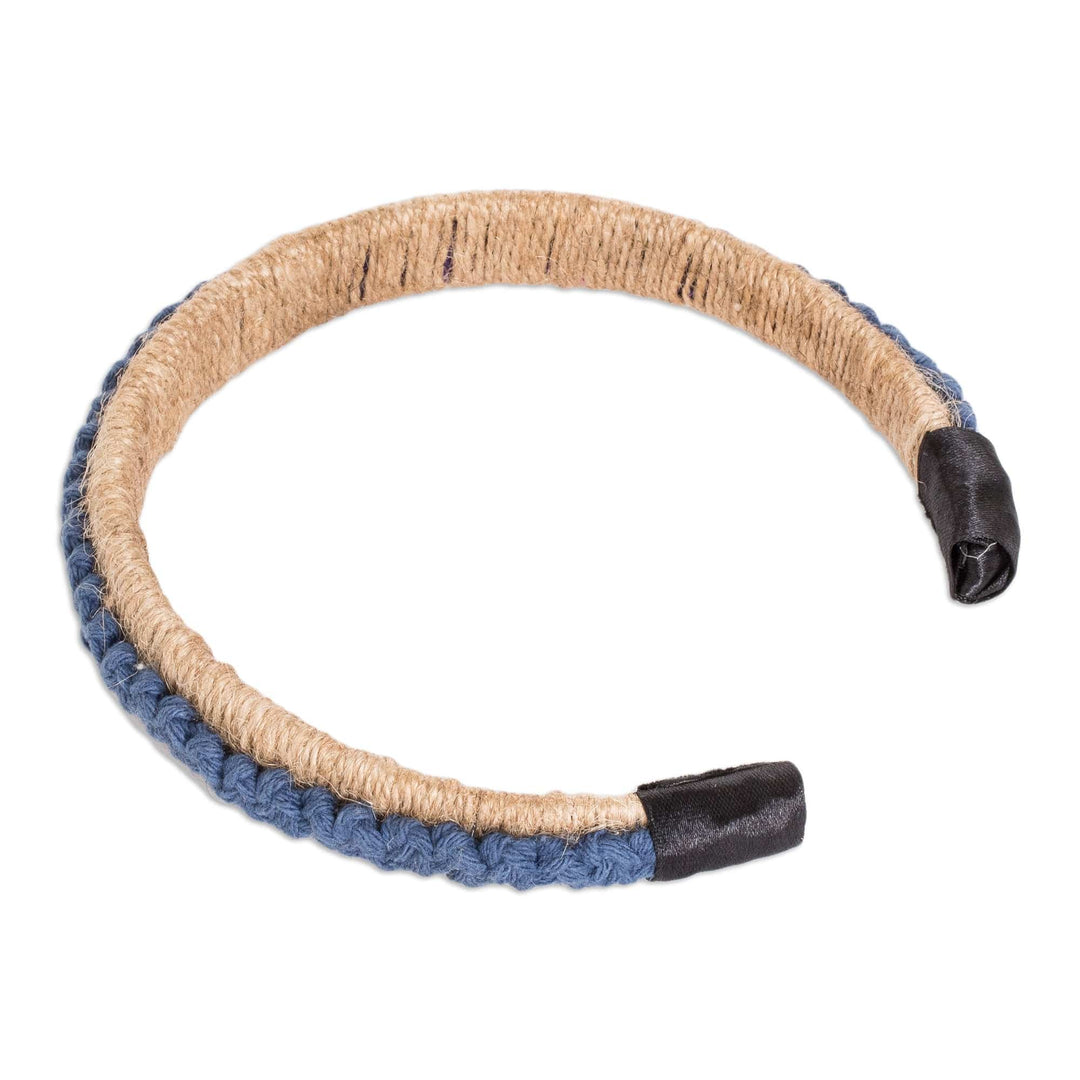 Handmade Jute Headband with Cotton Macrame Accent in Blue - Clear Sky