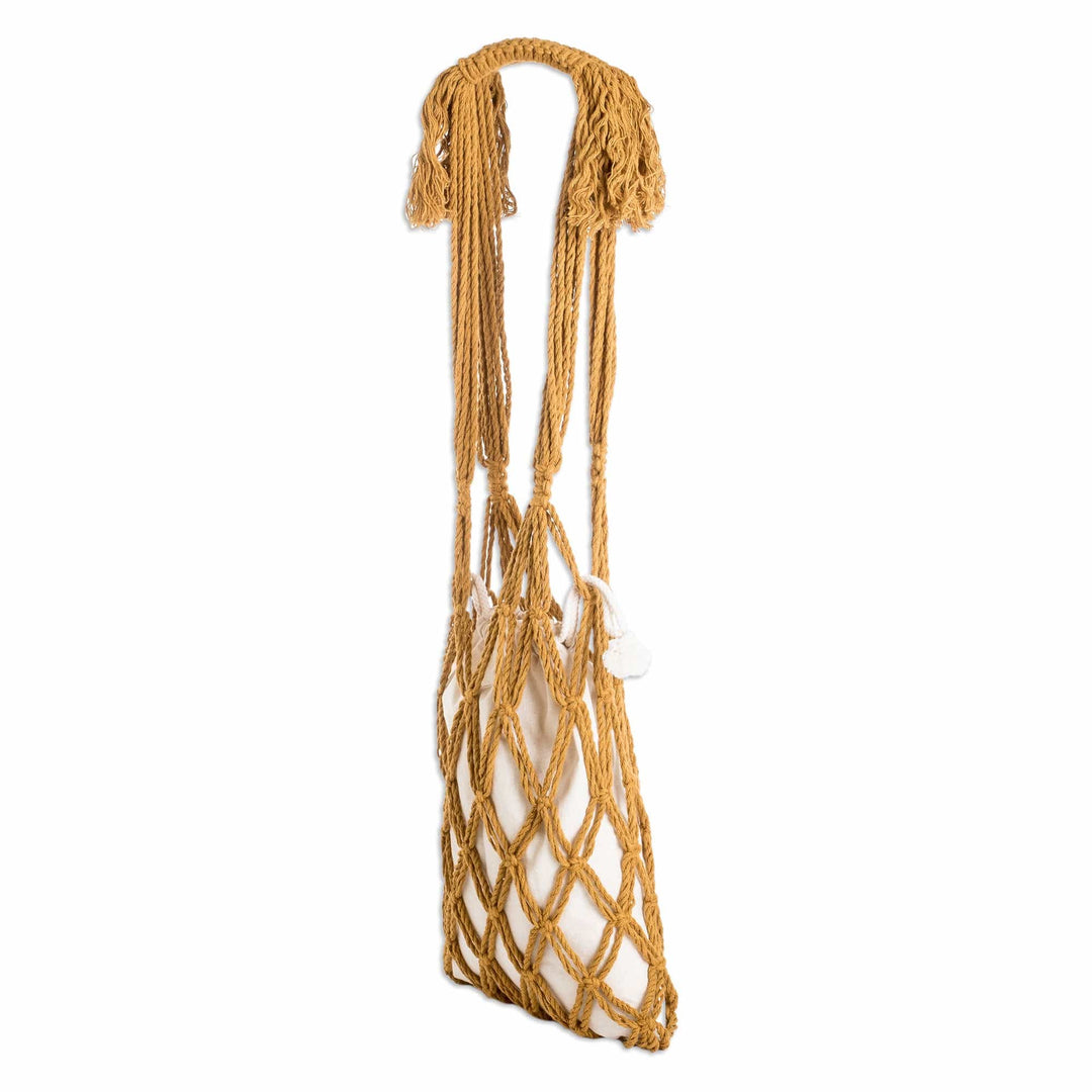 Cotton Macrame Tote Bag in Ivory and Honey from El Salvador - Happy Day