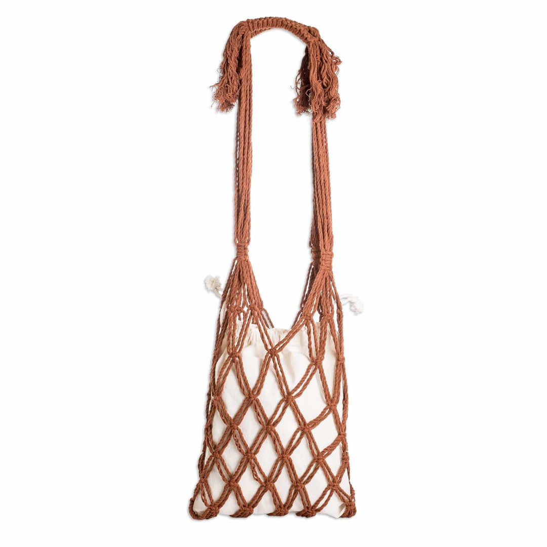 Cotton Macrame Tote Bag in Ivory and Brown from El Salvador - Happy Day in Brown
