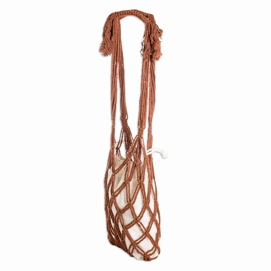Cotton Macrame Tote Bag in Ivory and Brown from El Salvador - Happy Day in Brown