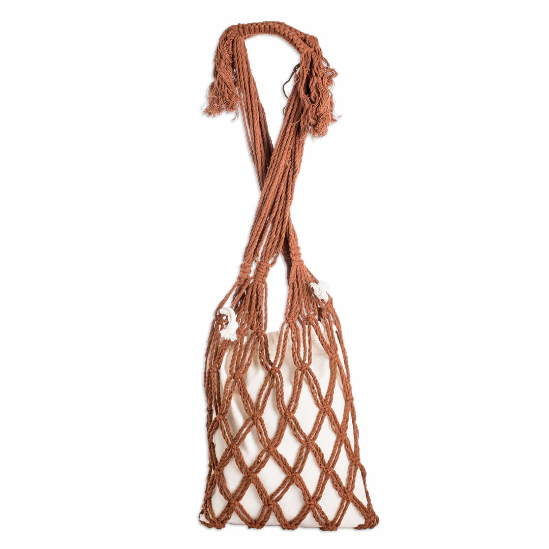 Cotton Macrame Tote Bag in Ivory and Brown from El Salvador - Happy Day in Brown