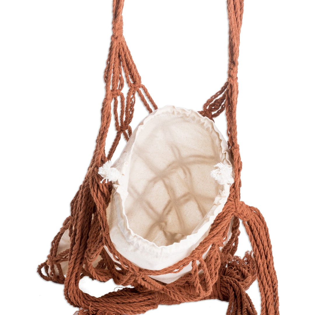 Cotton Macrame Tote Bag in Ivory and Brown from El Salvador - Happy Day in Brown