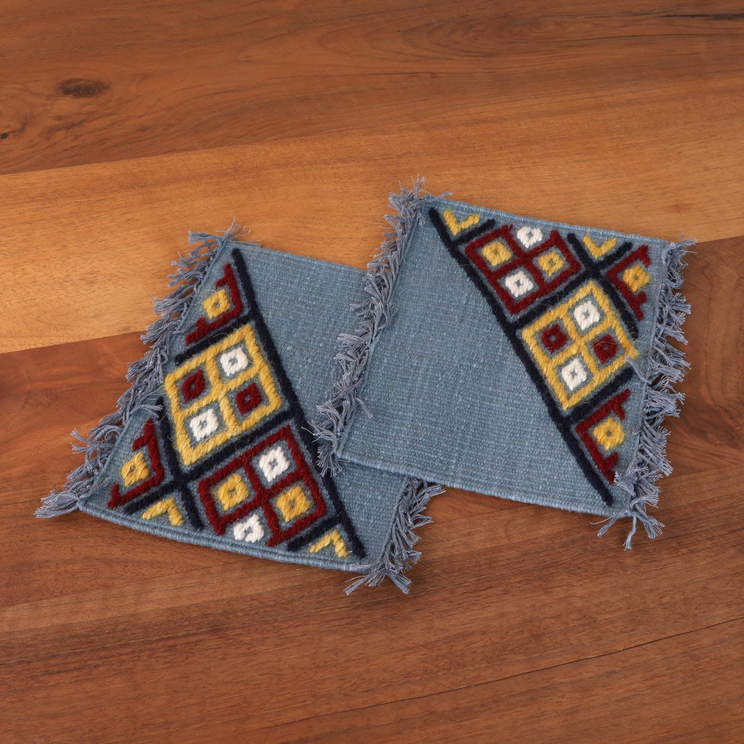 2 Grey Cotton Coasters with Hand-Embroidered Geometric Motif - Embellished Grey