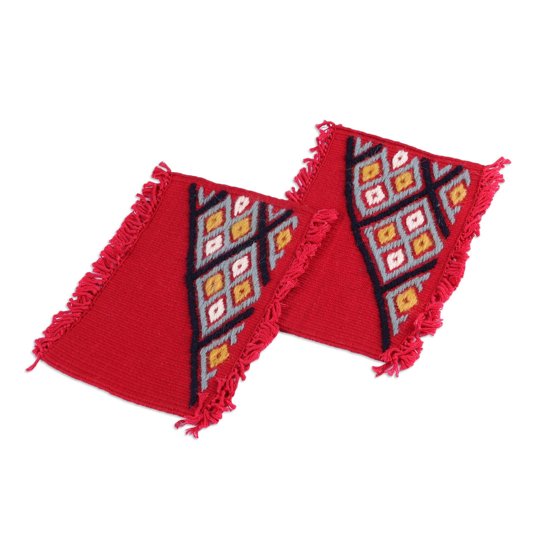 2 Red Cotton Coasters with Hand-Embroidered Geometric Motif - Embellished Red