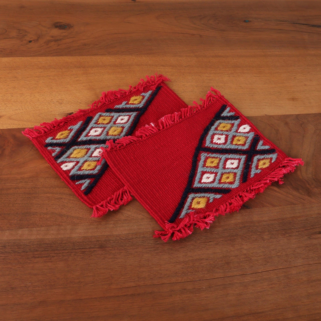 2 Red Cotton Coasters with Hand-Embroidered Geometric Motif - Embellished Red