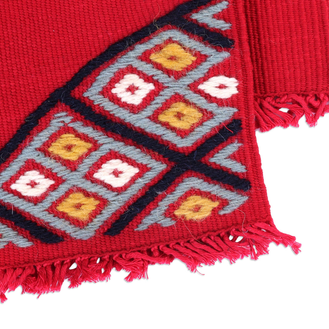 2 Red Cotton Coasters with Hand-Embroidered Geometric Motif - Embellished Red
