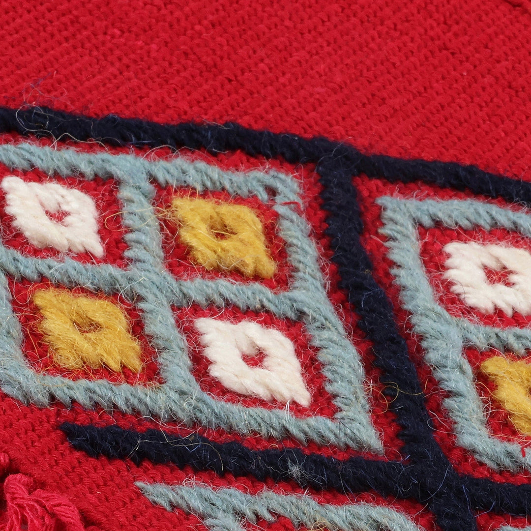2 Red Cotton Coasters with Hand-Embroidered Geometric Motif - Embellished Red