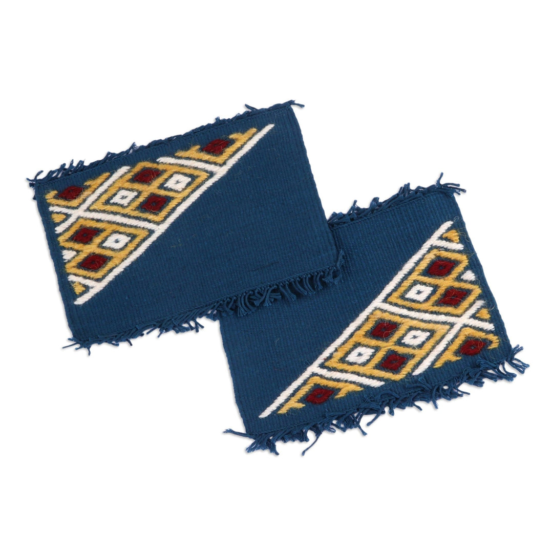 2 Blue Cotton Coasters with Hand-Embroidered Geometric Motif - Embellished Blue