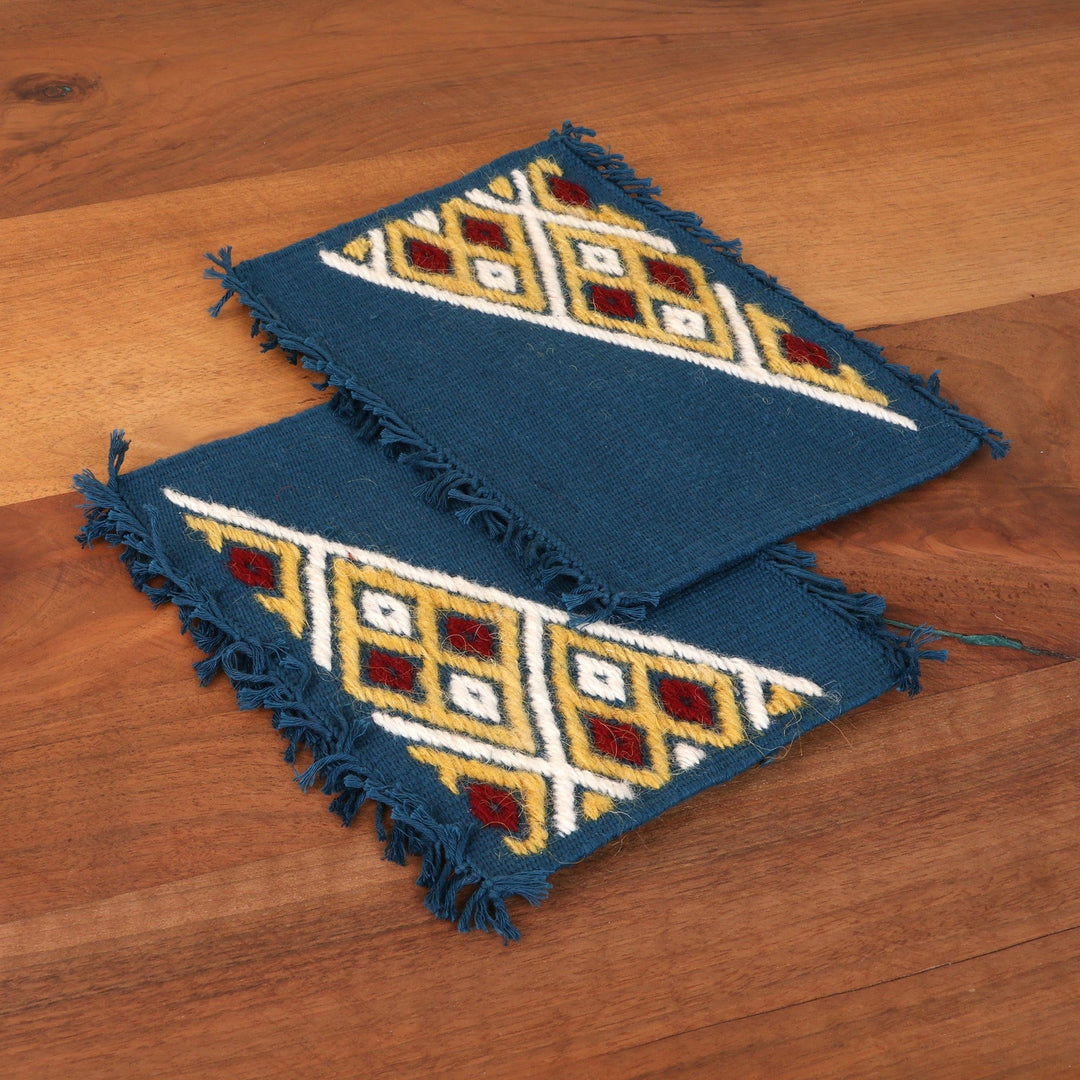 2 Blue Cotton Coasters with Hand-Embroidered Geometric Motif - Embellished Blue