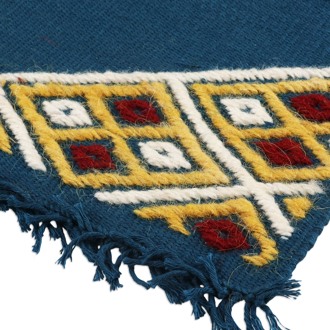 2 Blue Cotton Coasters with Hand-Embroidered Geometric Motif - Embellished Blue
